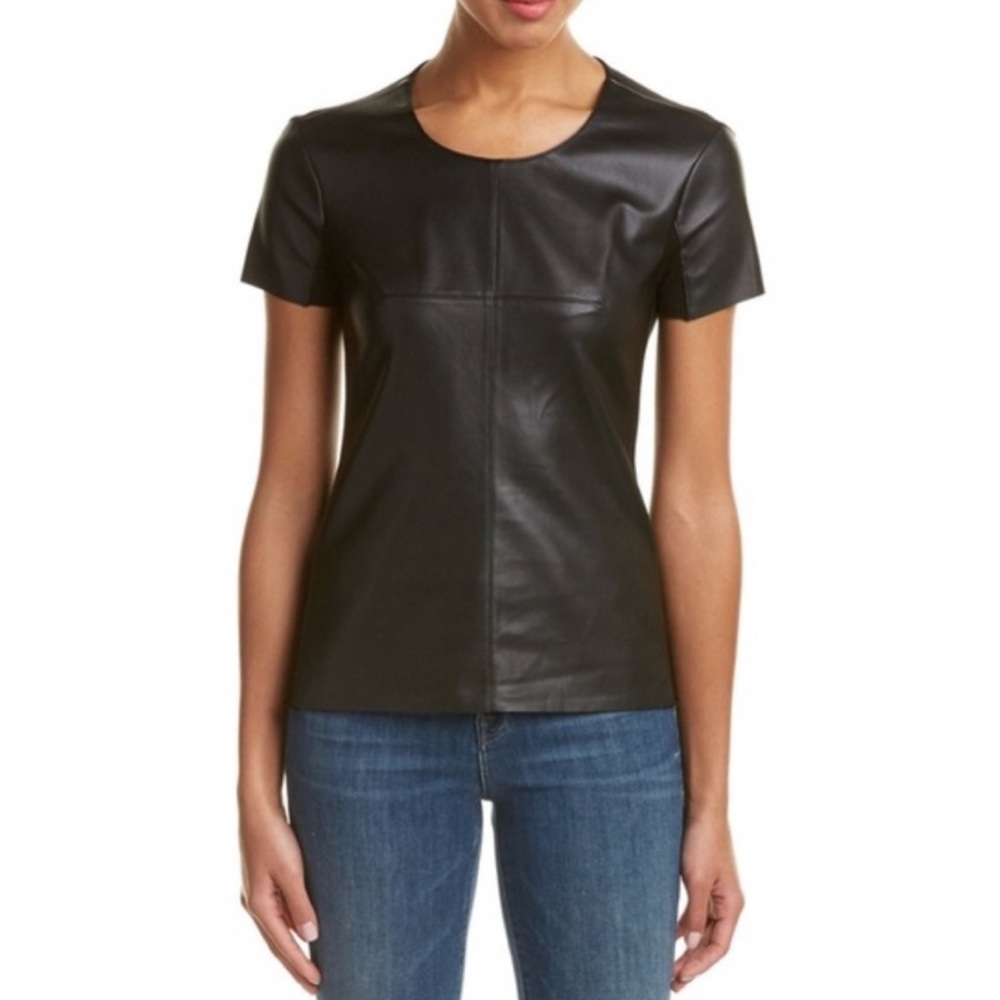 Theory Black Lambskin Leather Short Sleeve Top NWT Women’s Size Small